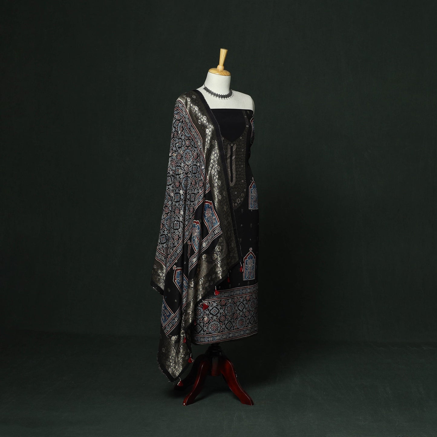 Kutch hand block ajrakh print natural dyed dola silk zari