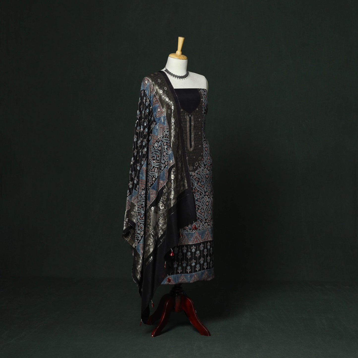 Kutch hand block ajrakh print natural dyed dola silk zari