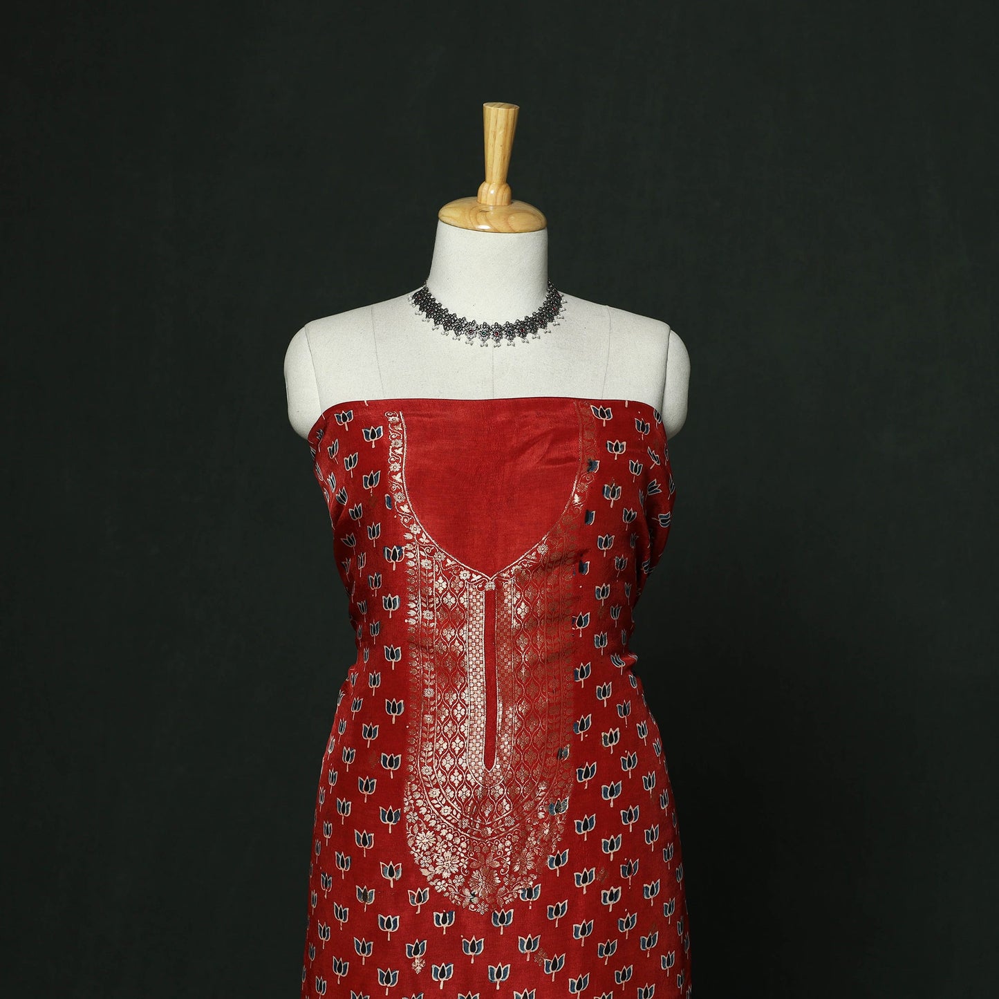 Kutch hand block ajrakh print natural dyed dola silk zari