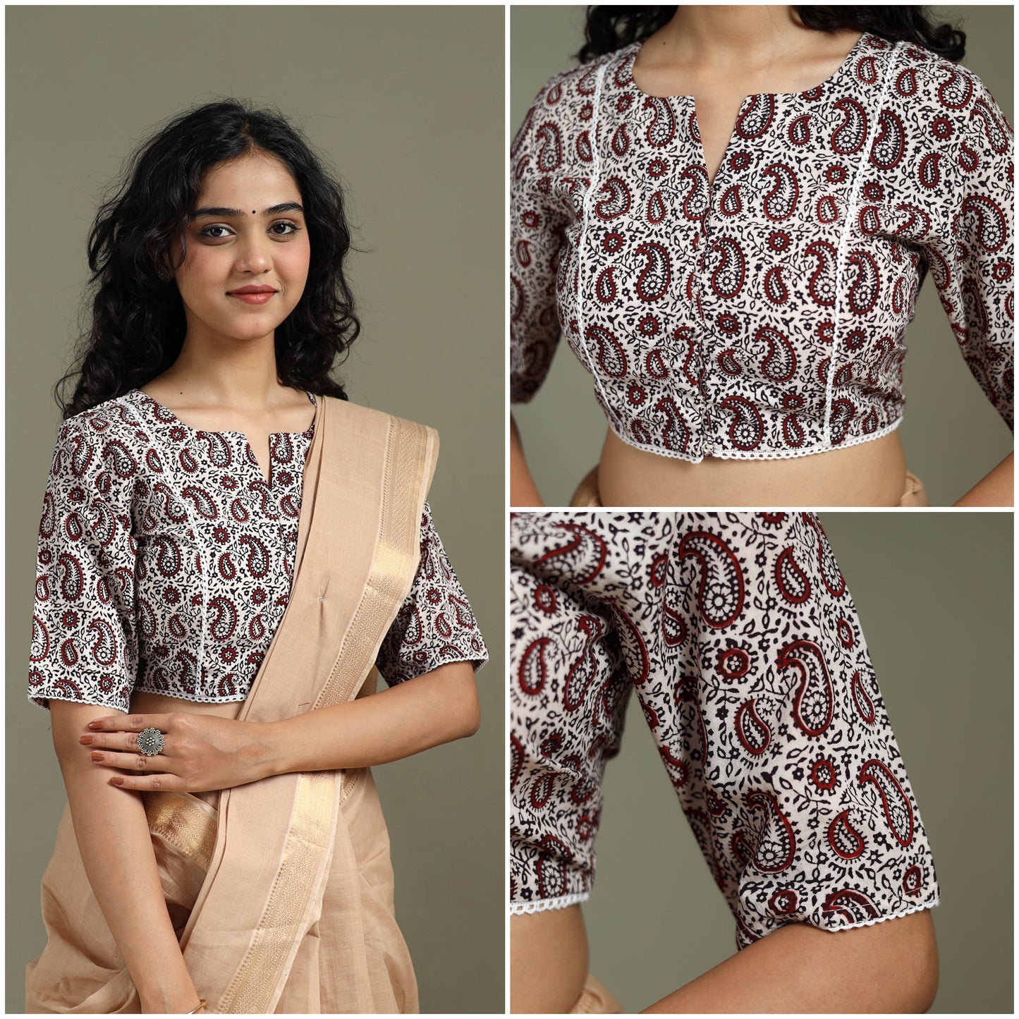 Lace work hand block bagh print natural dyed cotton