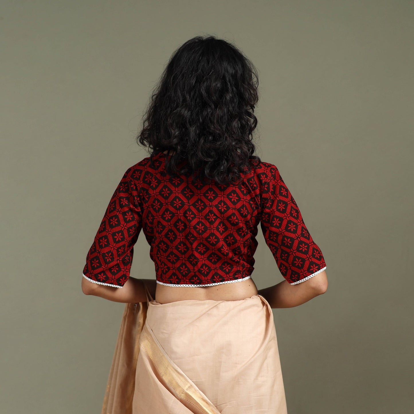 Lace work hand block bagh print natural dyed cotton