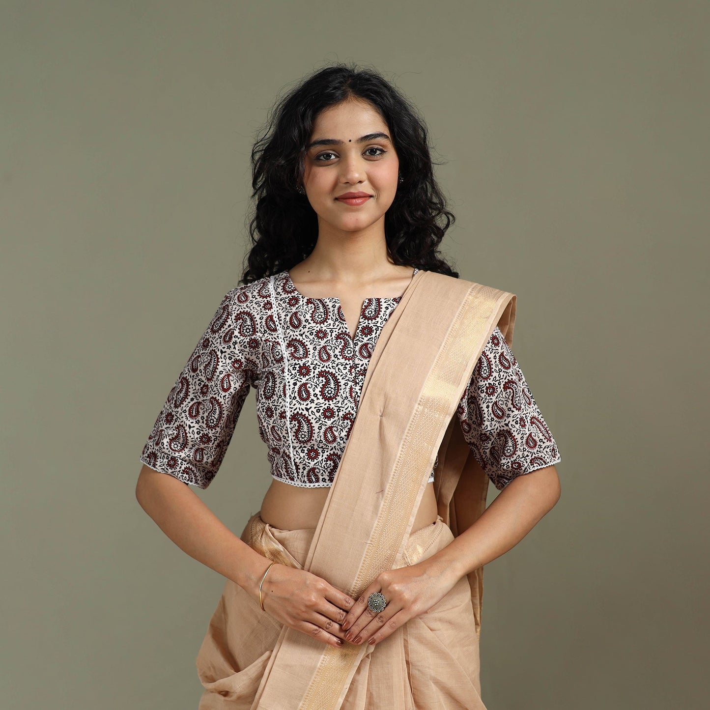 Lace work hand block bagh print natural dyed cotton