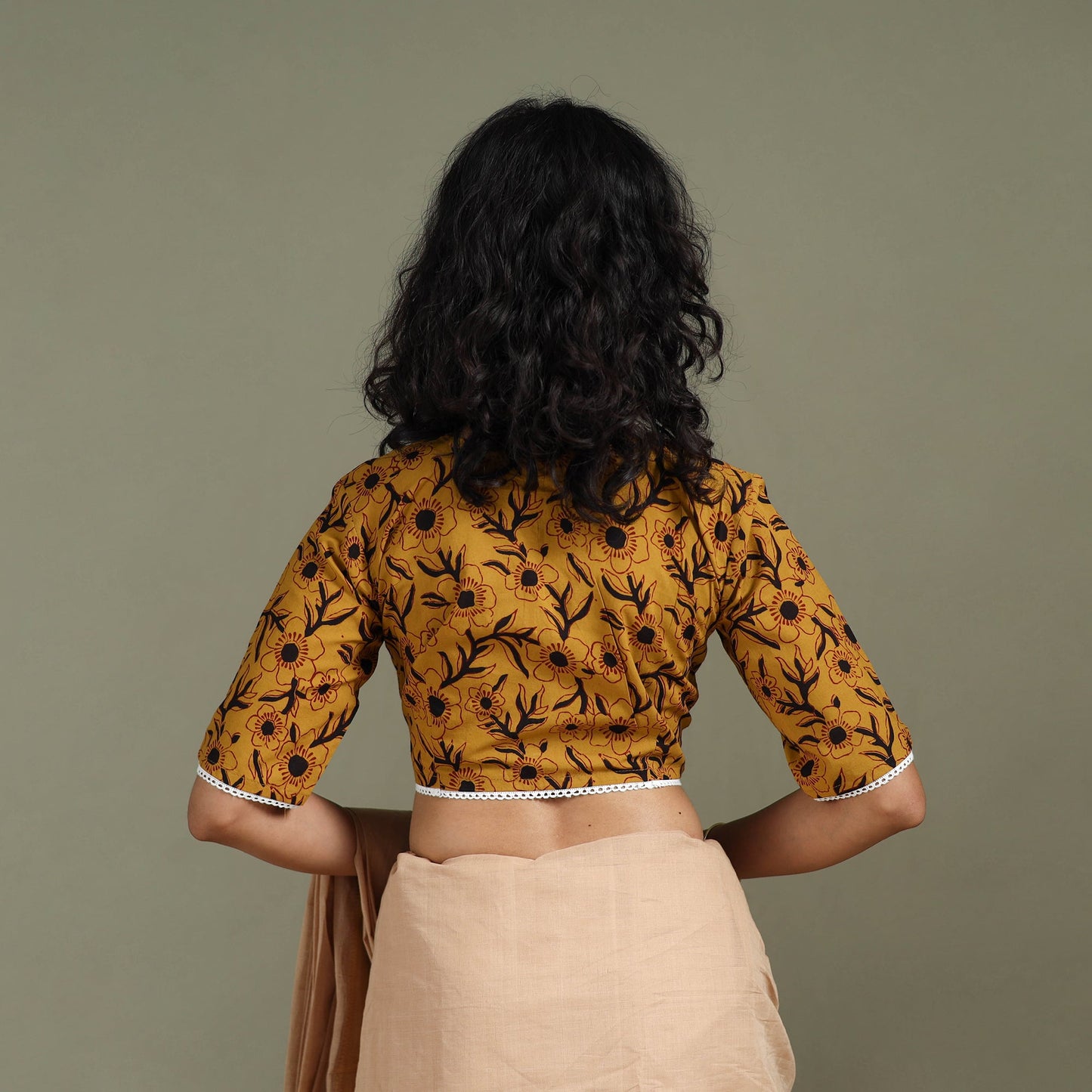 Lace work hand block bagh print natural dyed cotton