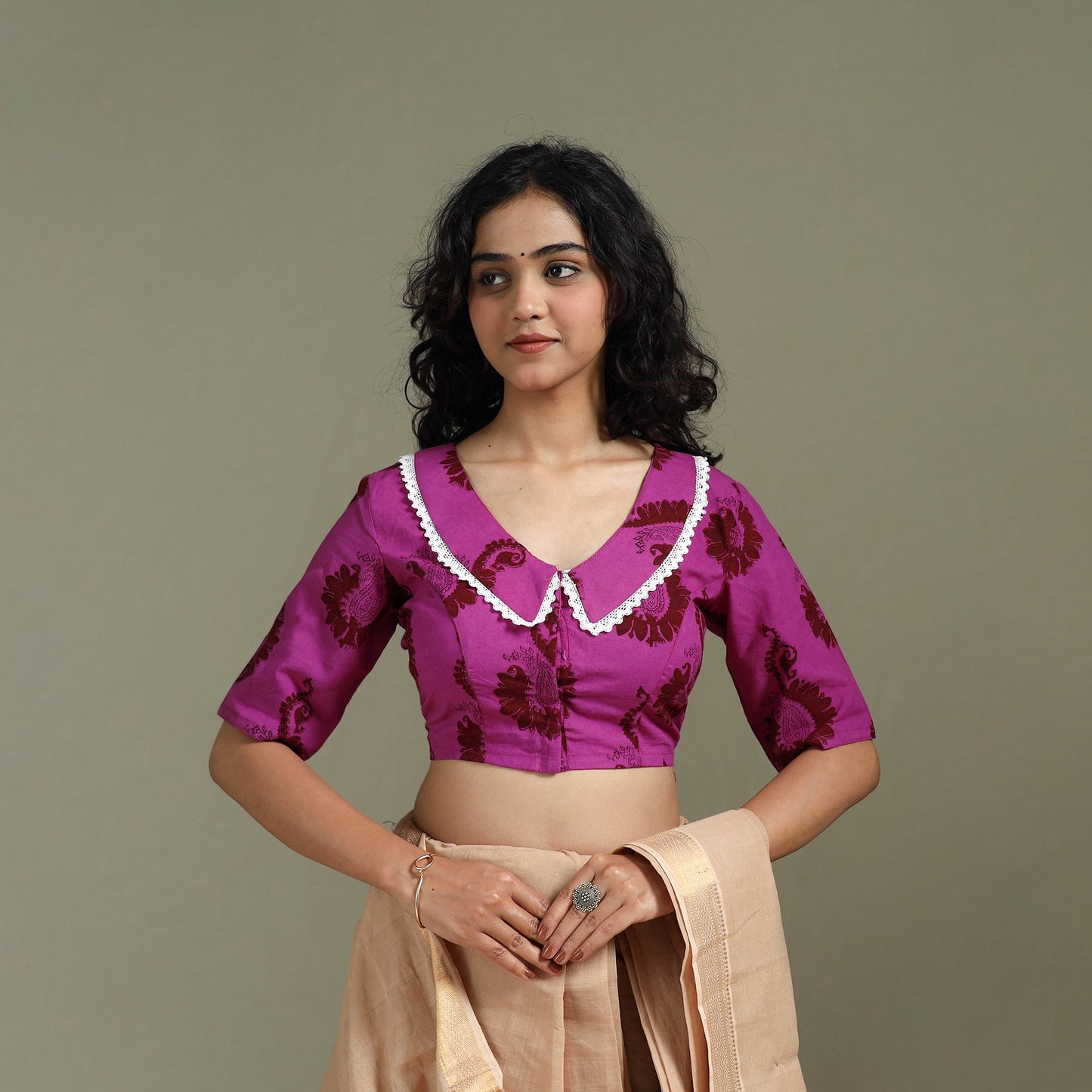 Lace work hand block bagh print natural dyed cotton