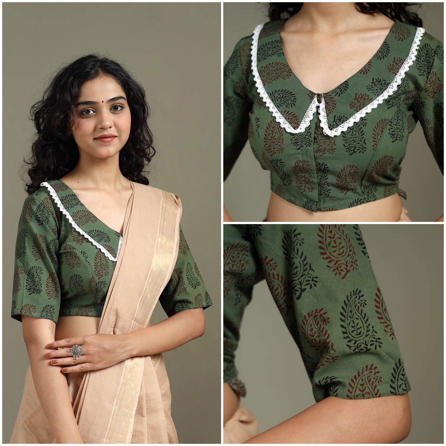 Lace work hand block bagh print natural dyed cotton