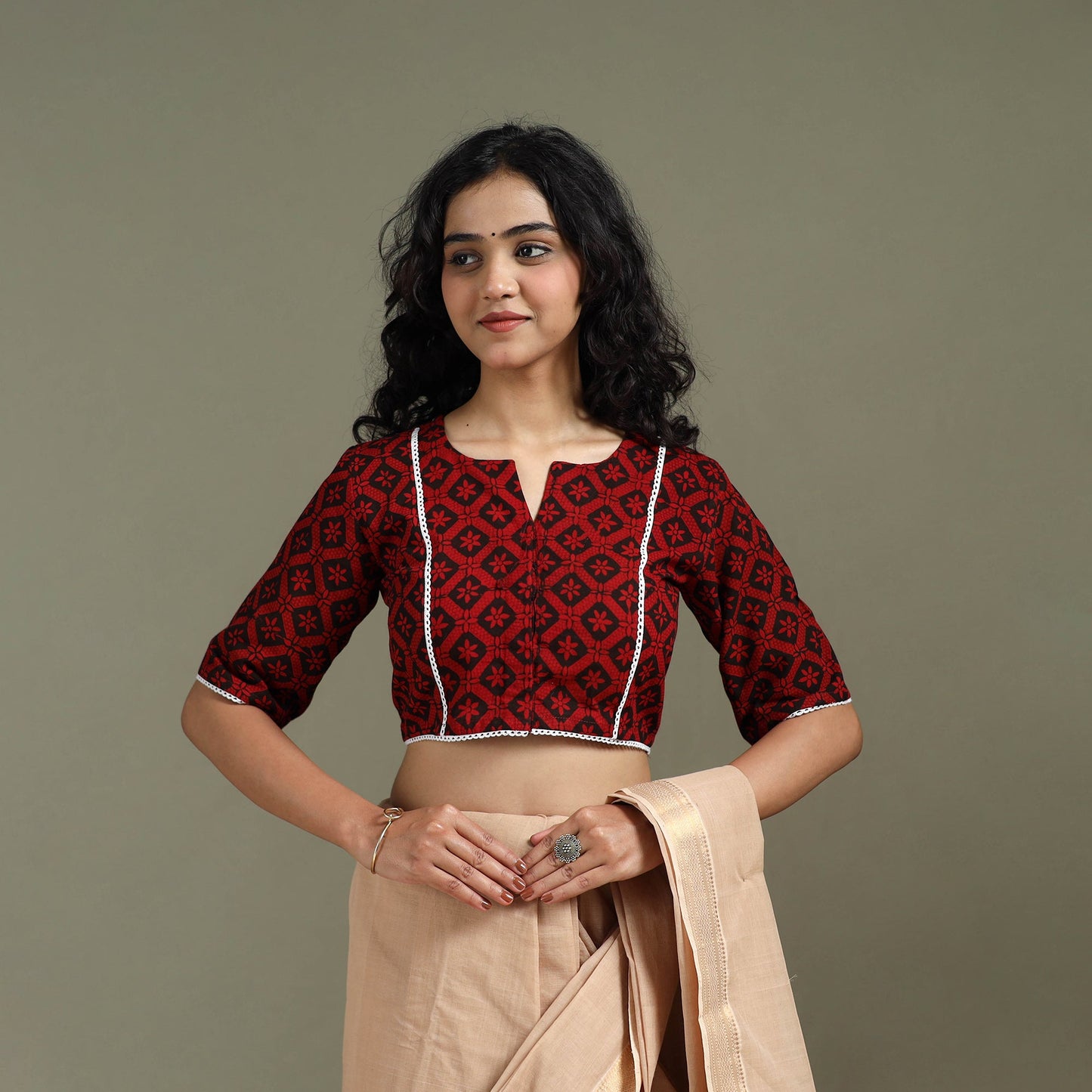 Lace work hand block bagh print natural dyed cotton