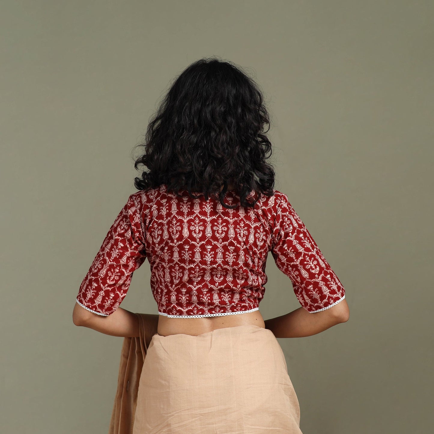 Lace work hand block bagh print natural dyed cotton