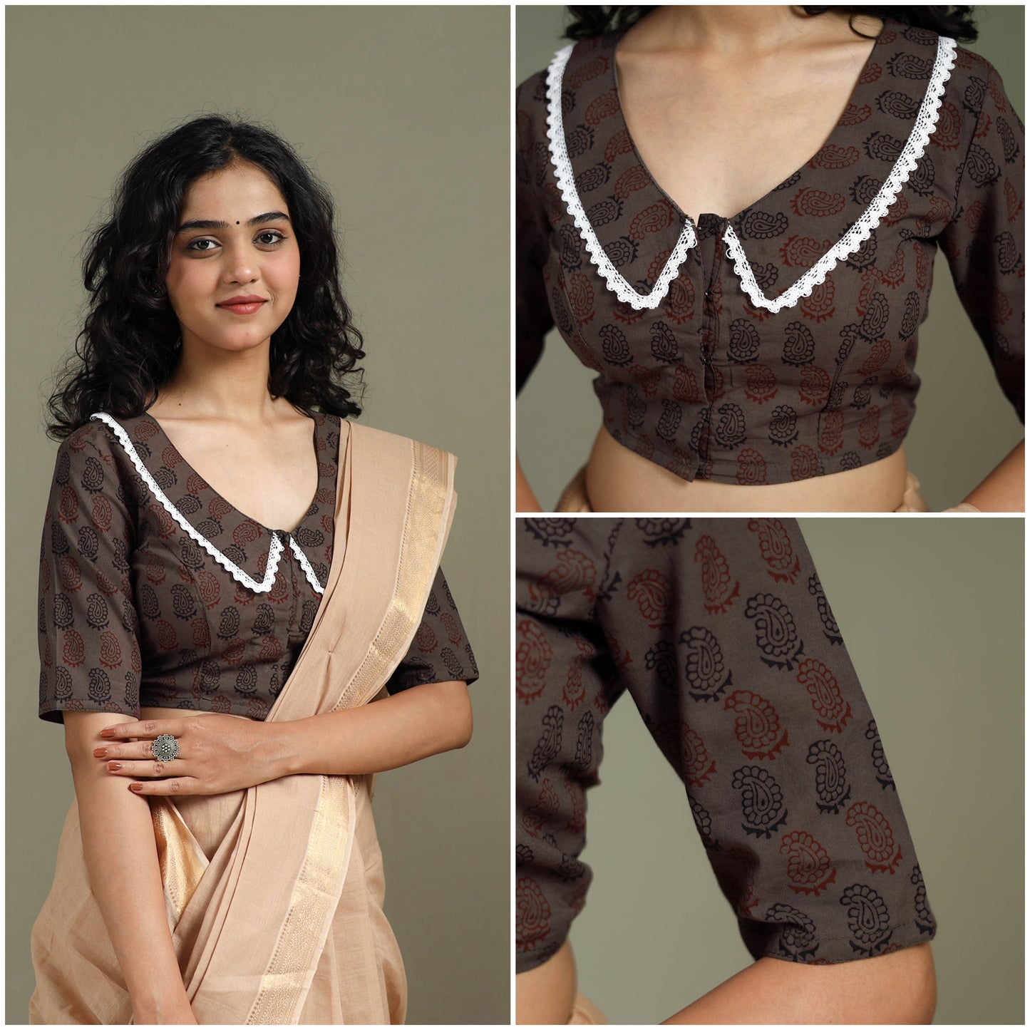 Lace work hand block bagh print natural dyed cotton