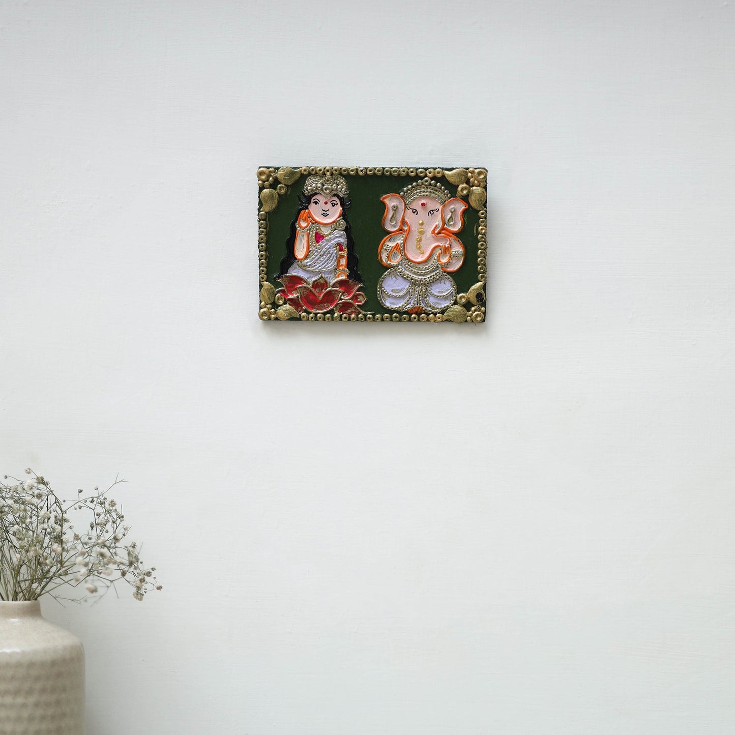 Laxmi & ganesha - handpainted clay art wall frame 19