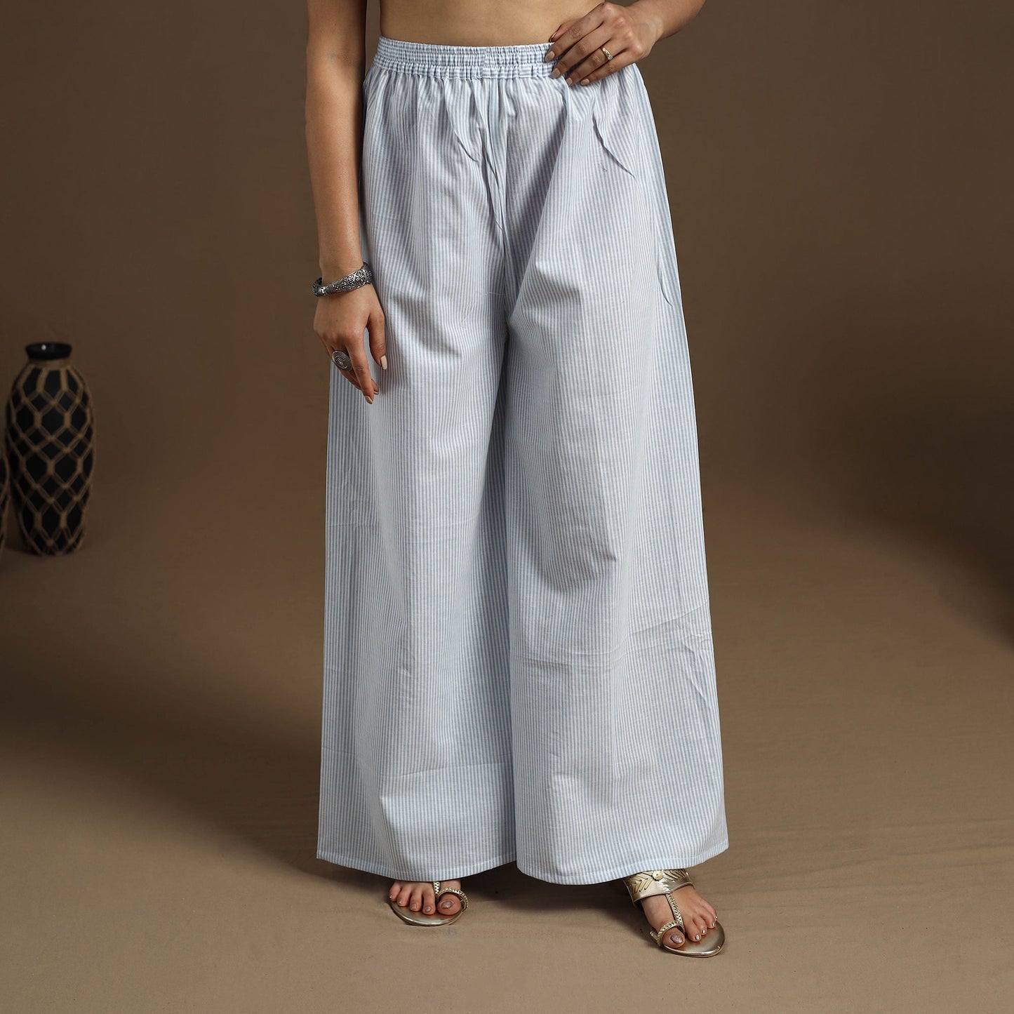 Cotton Light Blue Flared Plain Palazzo