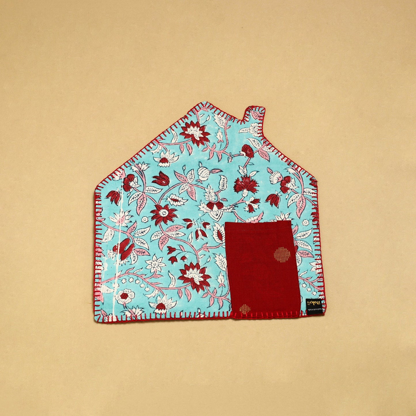 Light Blue Hand Embroidered Floral Pot Holder with Pocket