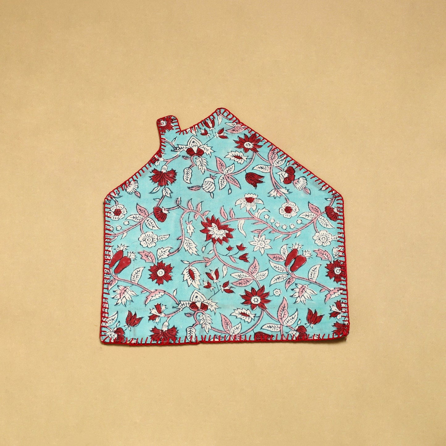 Light Blue Hand Embroidered Floral Pot Holder with Pocket