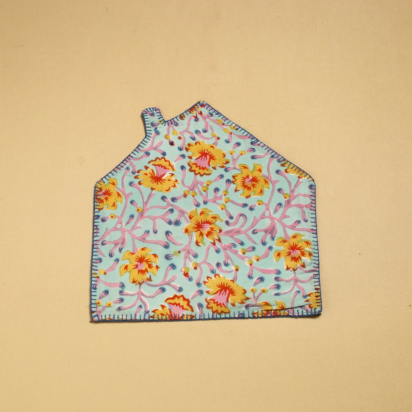 Light Blue Hand Embroidered Floral Pot Holder with Pocket