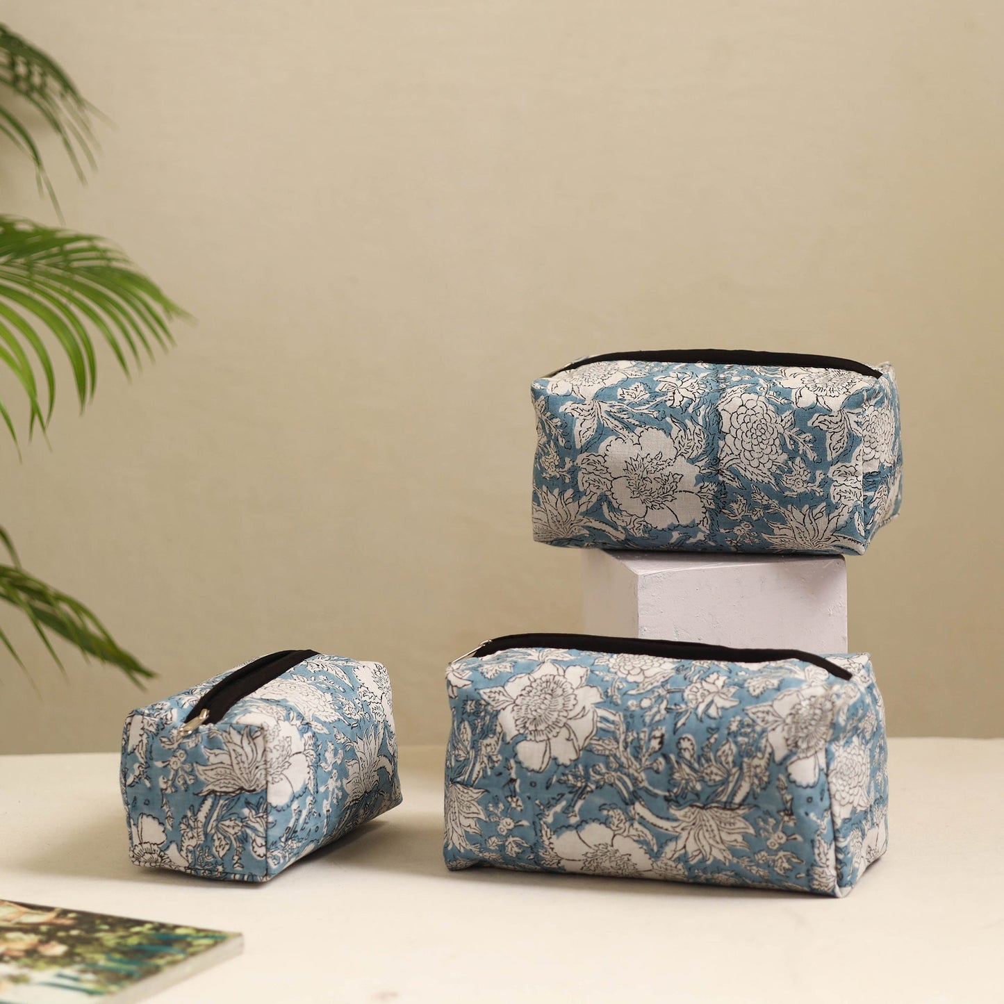 Light Blue Handmade Cotton Toiletry Bags (Set of 3)