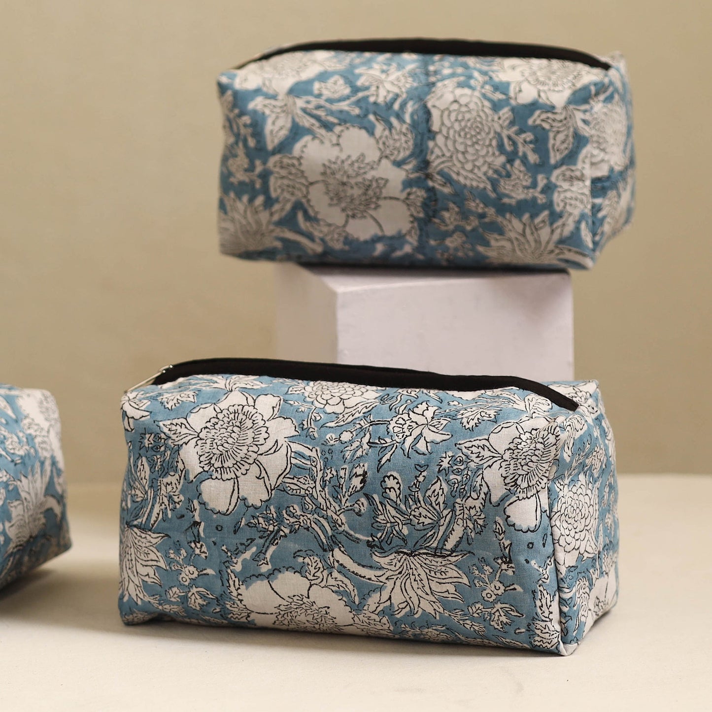Light Blue Handmade Cotton Toiletry Bags (Set of 3)