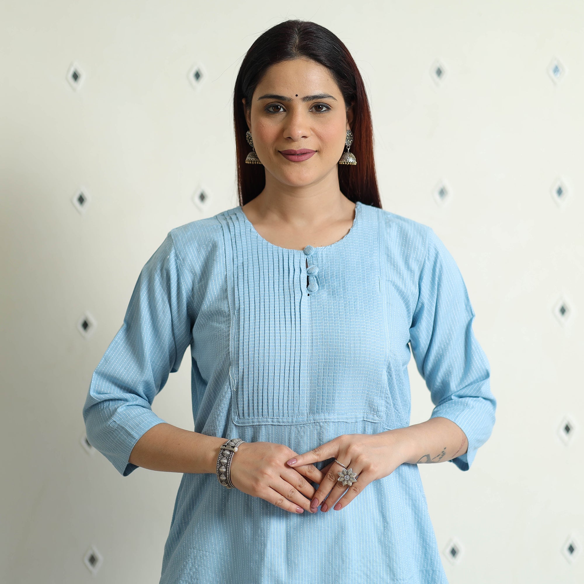 Blue - Srikalahasti Kalamkari Patchwork Running Stitch Plain Cotton Long Straight Kurta