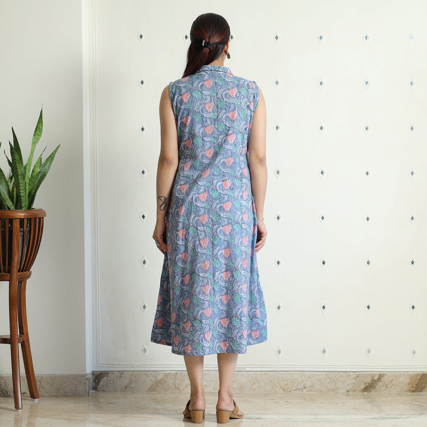 Sanganeri Block Printed Cotton Collared Neck Buttoned Down Dress
