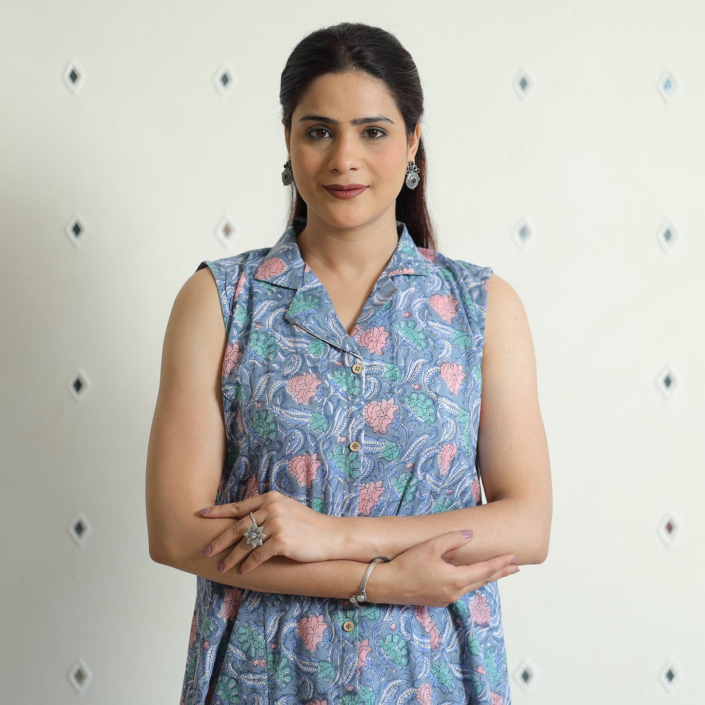 Sanganeri Block Printed Cotton Collared Neck Buttoned Down Dress