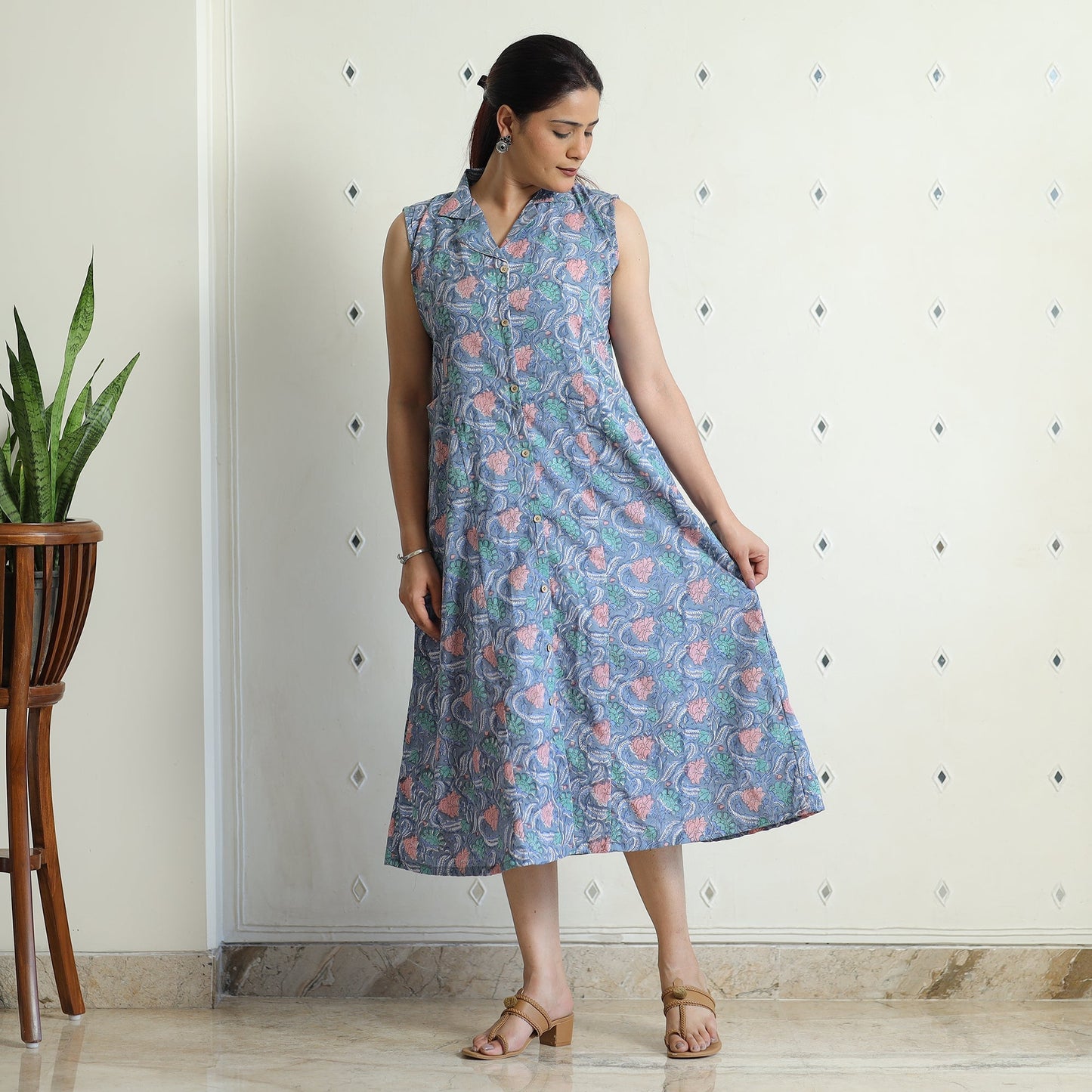 Sanganeri Block Printed Cotton Collared Neck Buttoned Down Dress