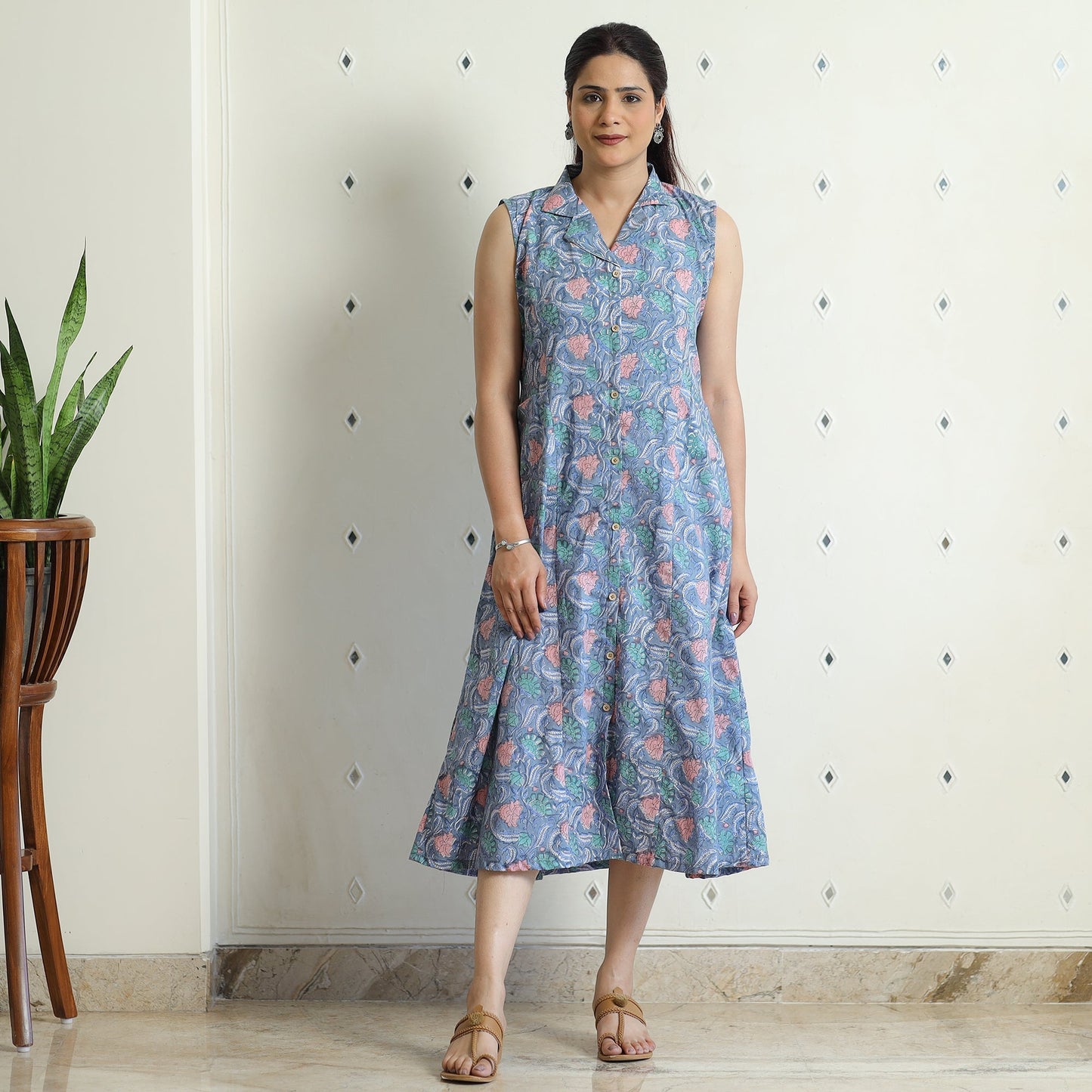 Sanganeri Block Printed Cotton Collared Neck Buttoned Down Dress