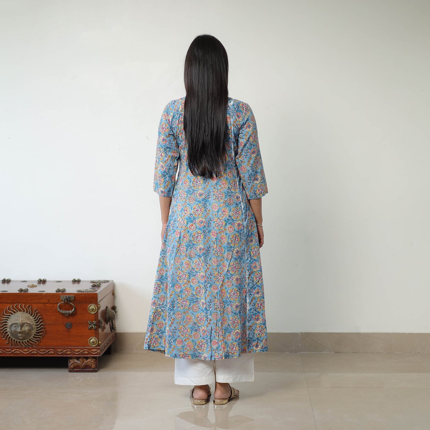 Blue Sanganeri Block Printed Mul Cotton A-Line Kurta for Women