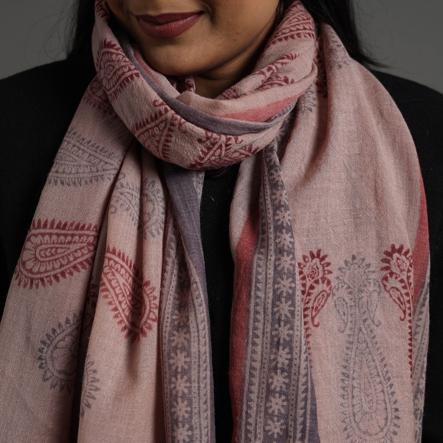 Light brown - bagh hand printed merino woollen stole 51