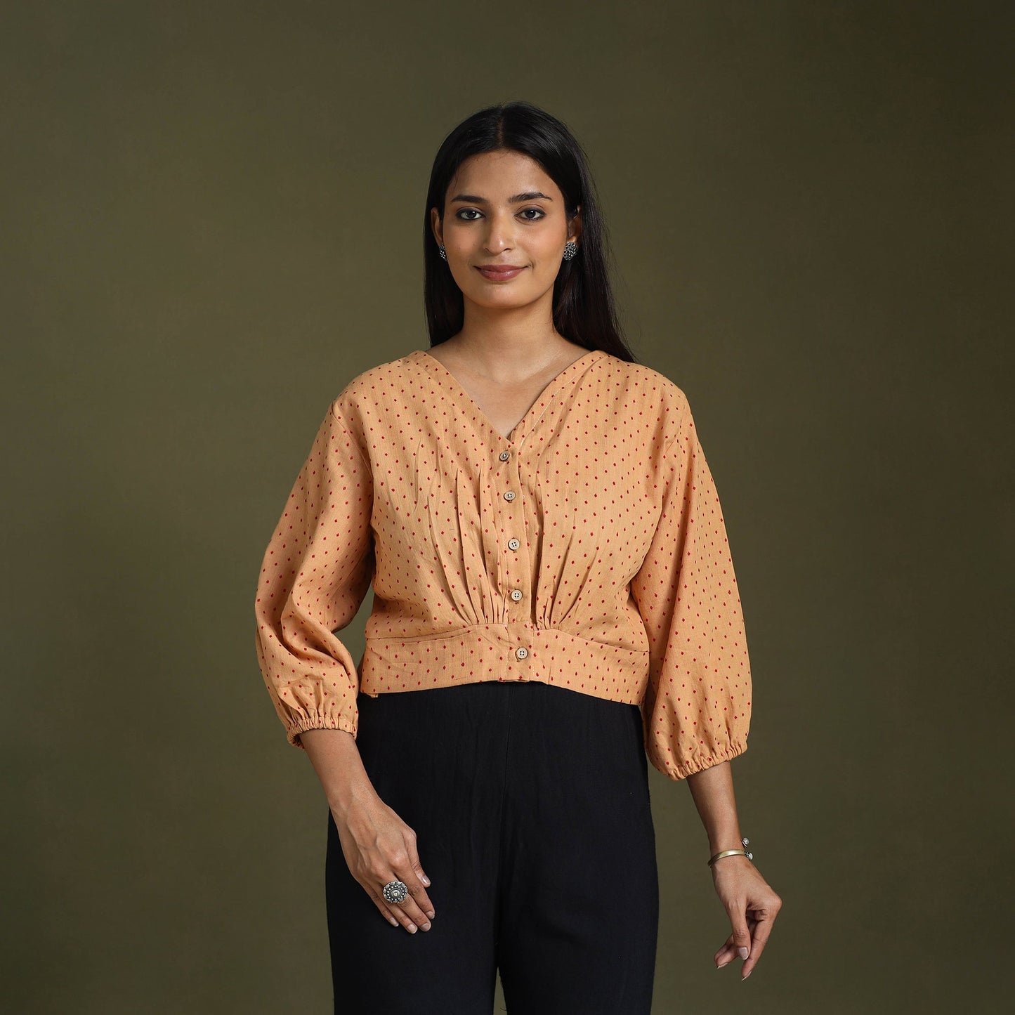 Light Brown Full Sleeve Cotton Jacquard Crop Top