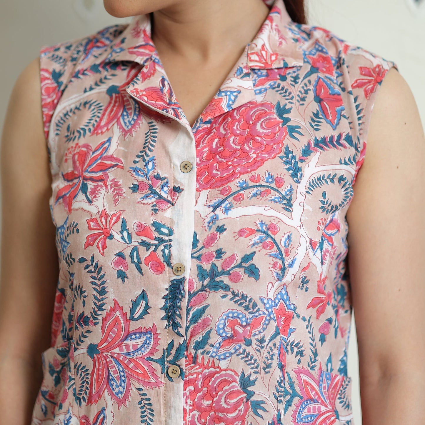 Sanganeri Block Printed Cotton Collared Neck Buttoned Down Dress Online at iTokri.com