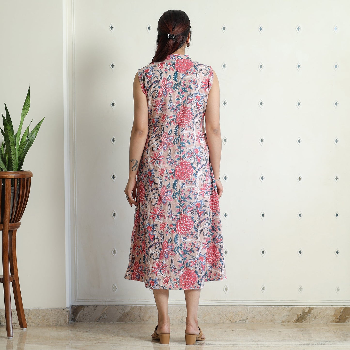 Sanganeri Block Printed Cotton Collared Neck Buttoned Down Dress Online at iTokri.com