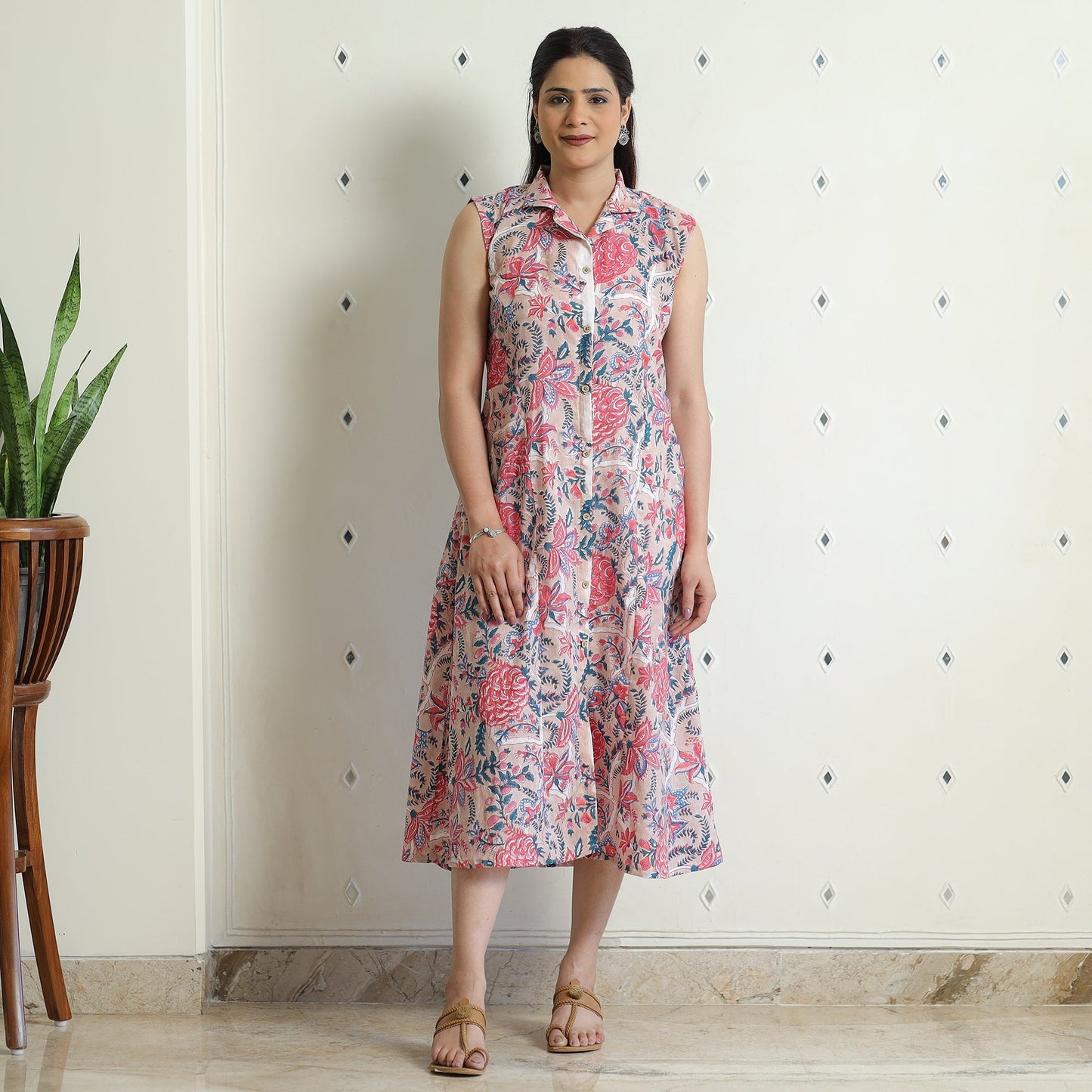 Sanganeri Block Printed Cotton Collared Neck Buttoned Down Dress Online at iTokri.com