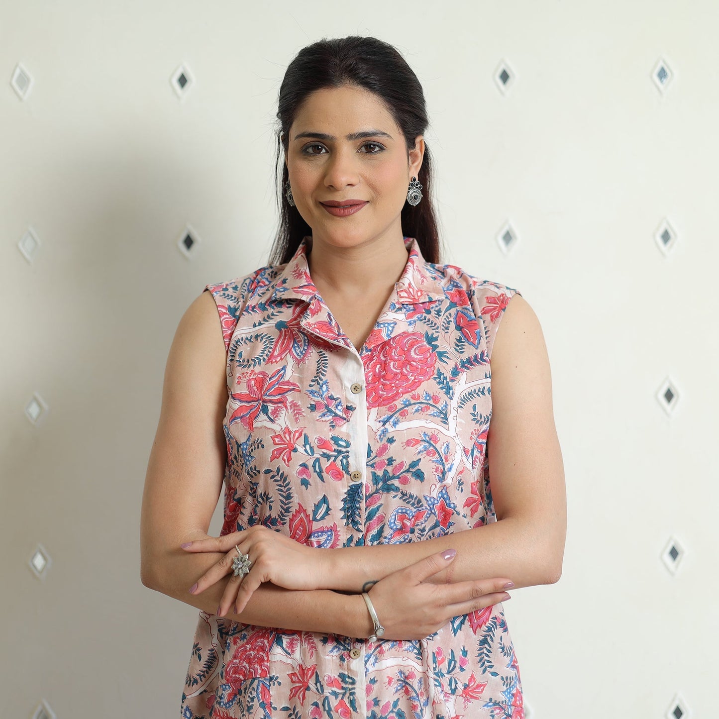 Sanganeri Block Printed Cotton Collared Neck Buttoned Down Dress Online at iTokri.com