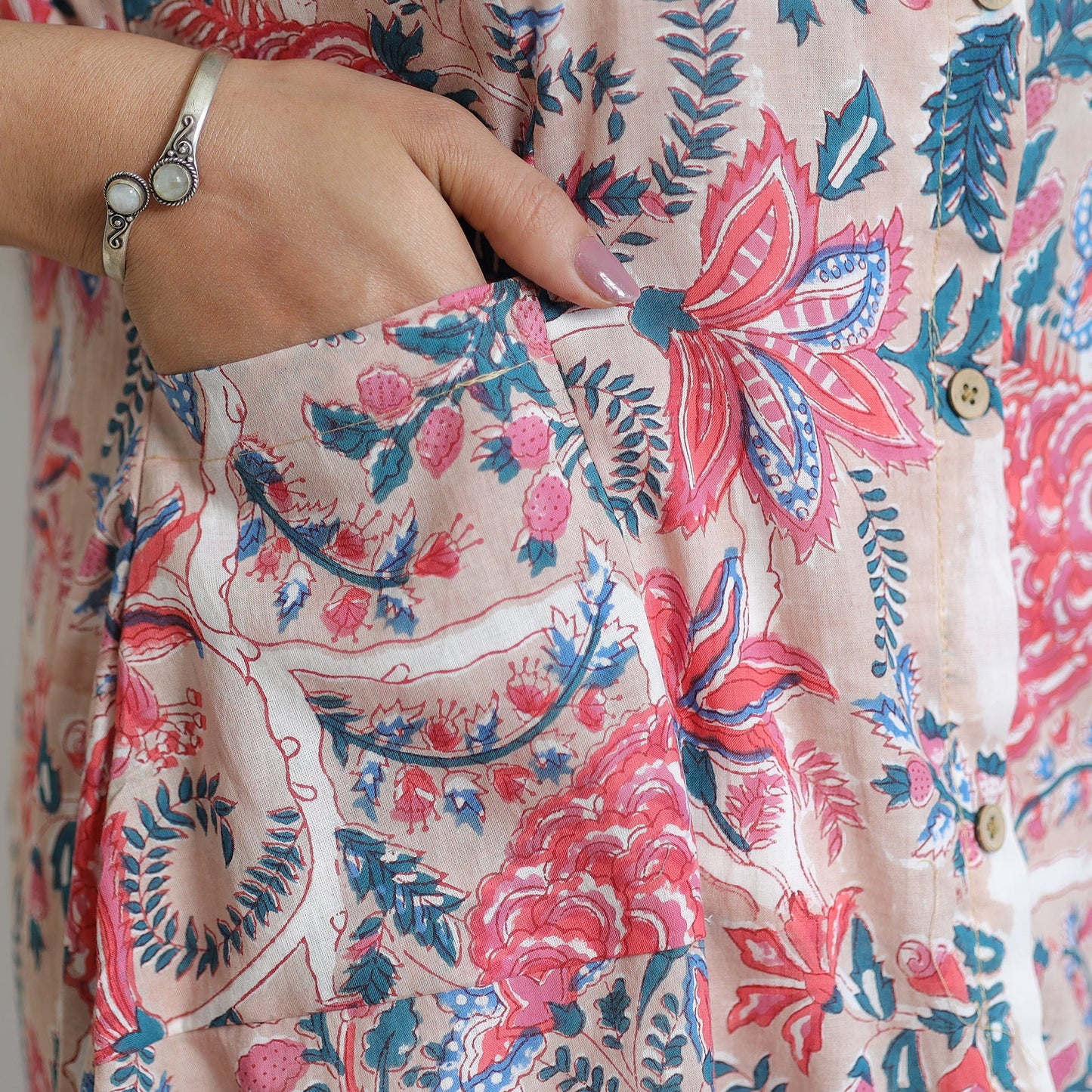 Sanganeri Block Printed Cotton Collared Neck Buttoned Down Dress Online at iTokri.com