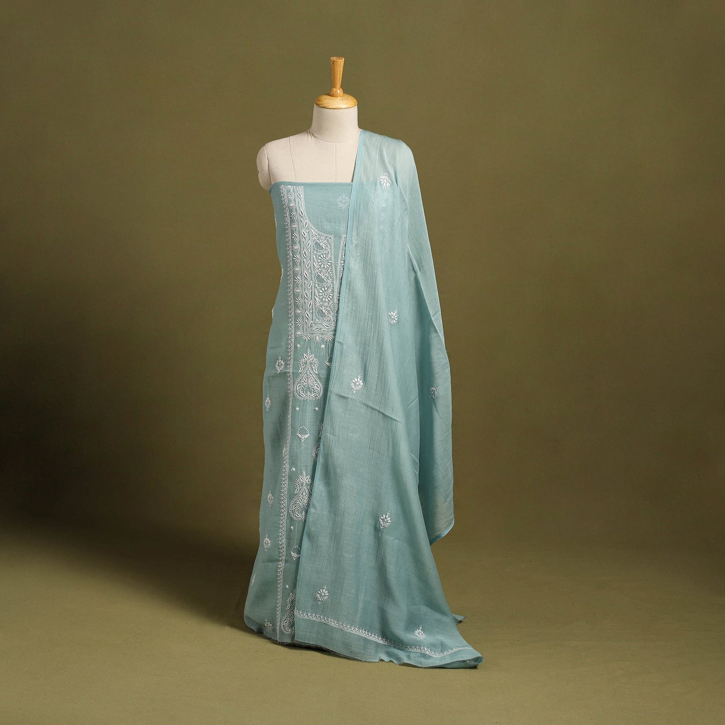 2pc Mul Chanderi Light Green Heavy Chikankari Dress Material