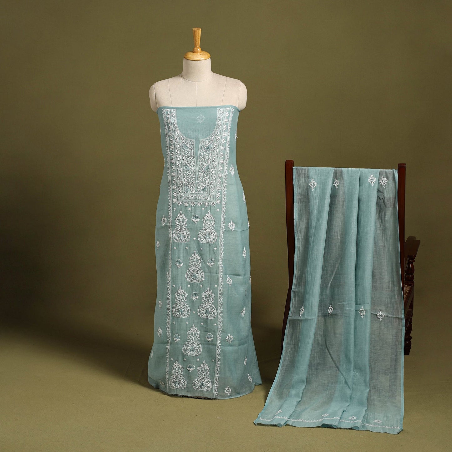2pc Mul Chanderi Light Green Heavy Chikankari Dress Material