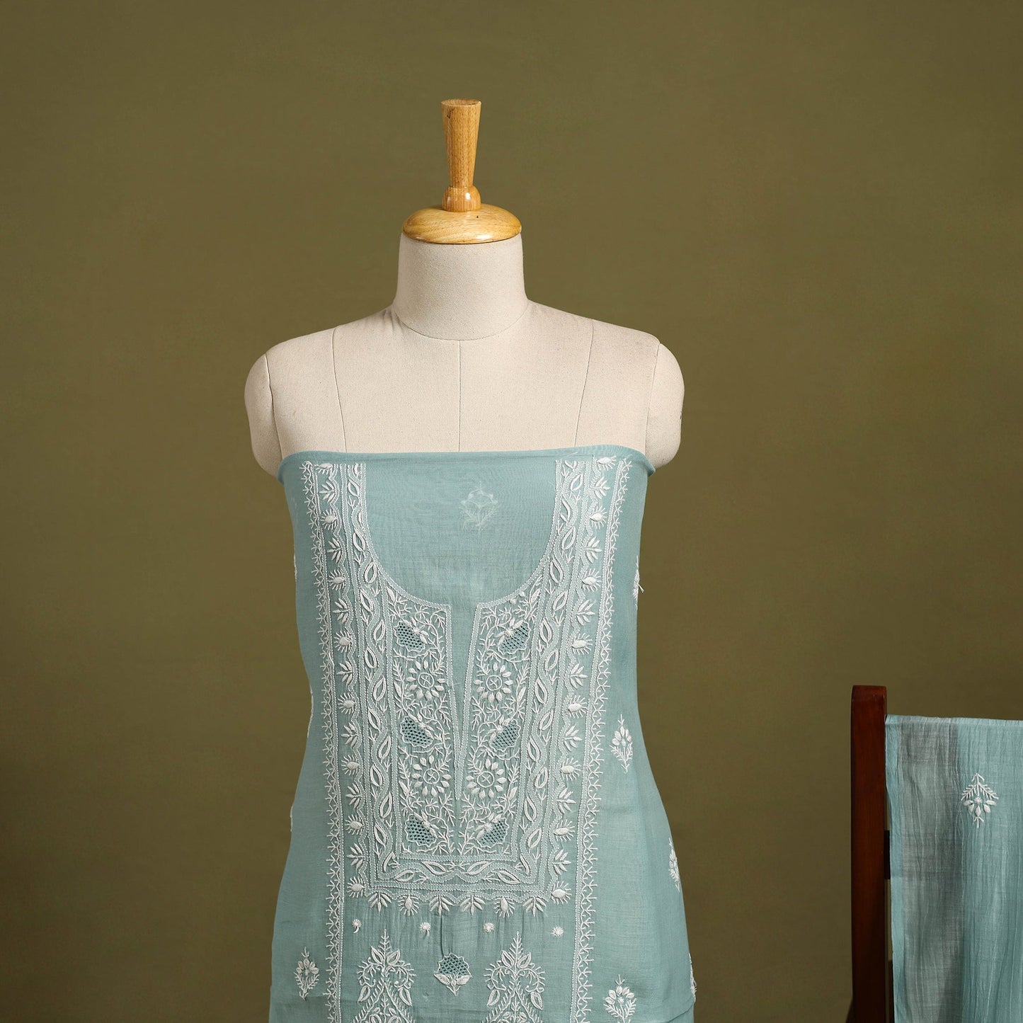 2pc Mul Chanderi Light Green Heavy Chikankari Dress Material