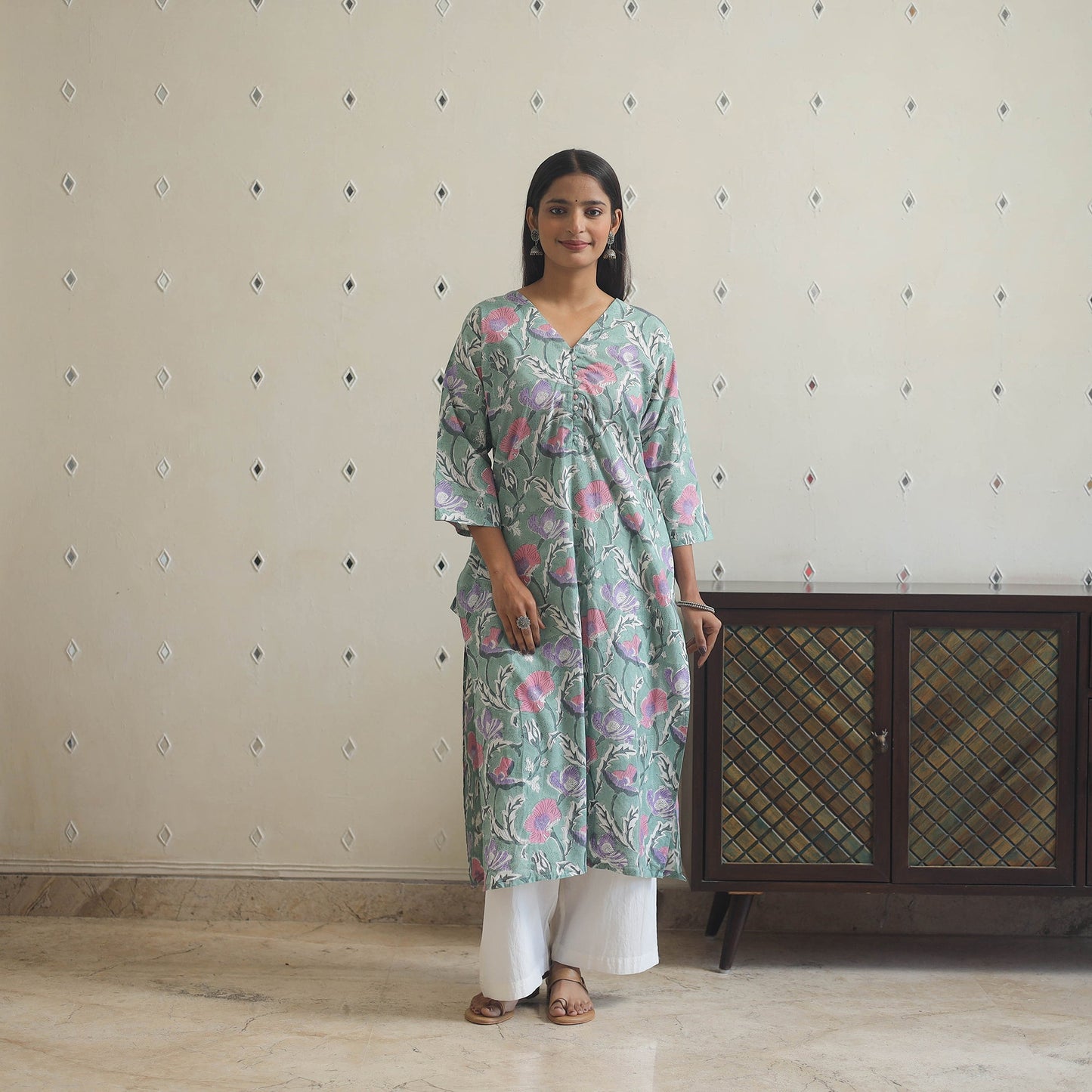 Light green - cotton straight sanganeri kurta 05