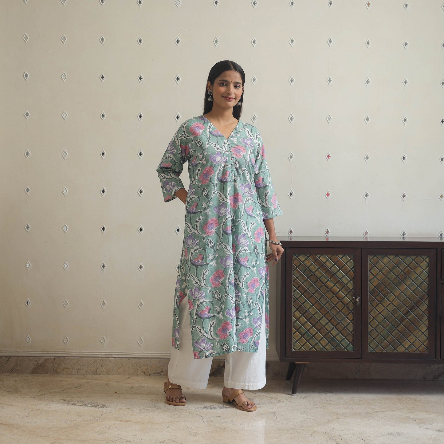 Light green - cotton straight sanganeri kurta 05