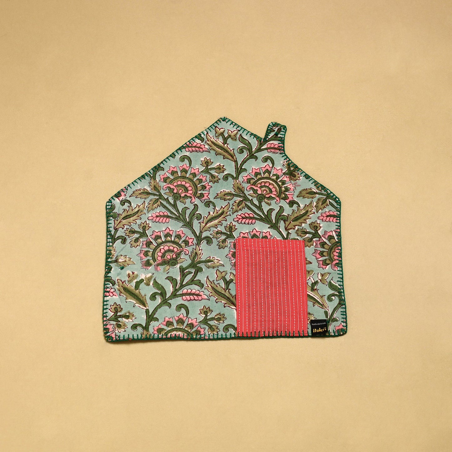 Light Green Hand Embroidered Floral Pot Holder with Pocket