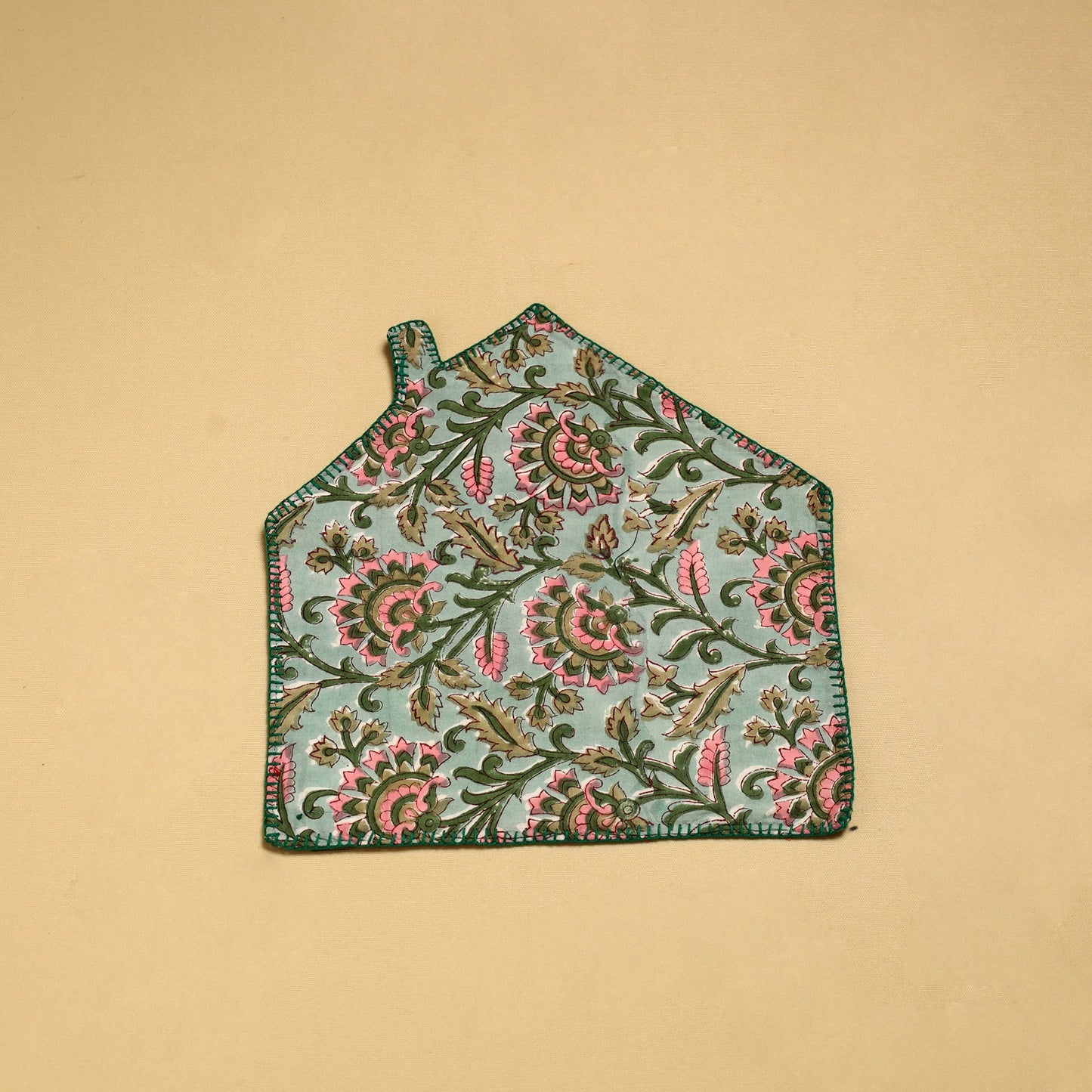 Light Green Hand Embroidered Floral Pot Holder with Pocket