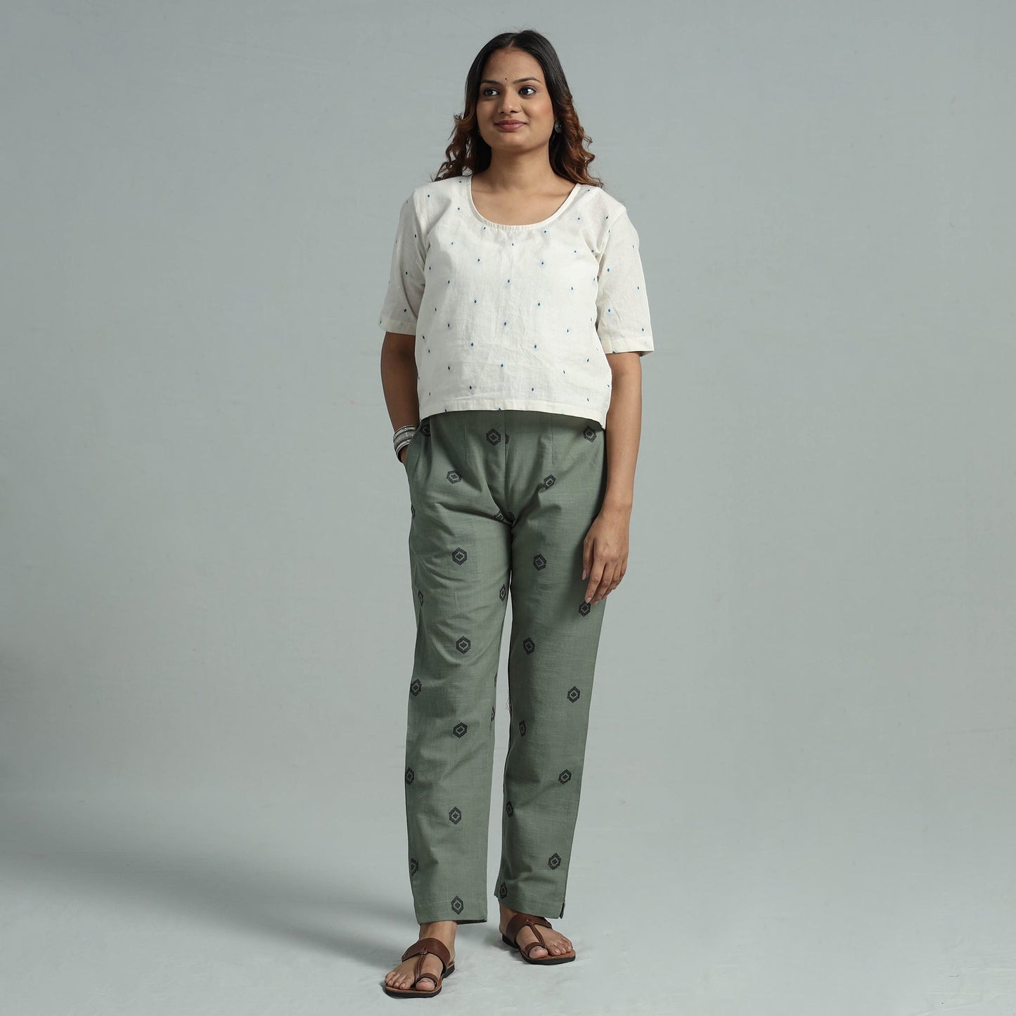 Light green - jacquard weave cotton elasticated pant