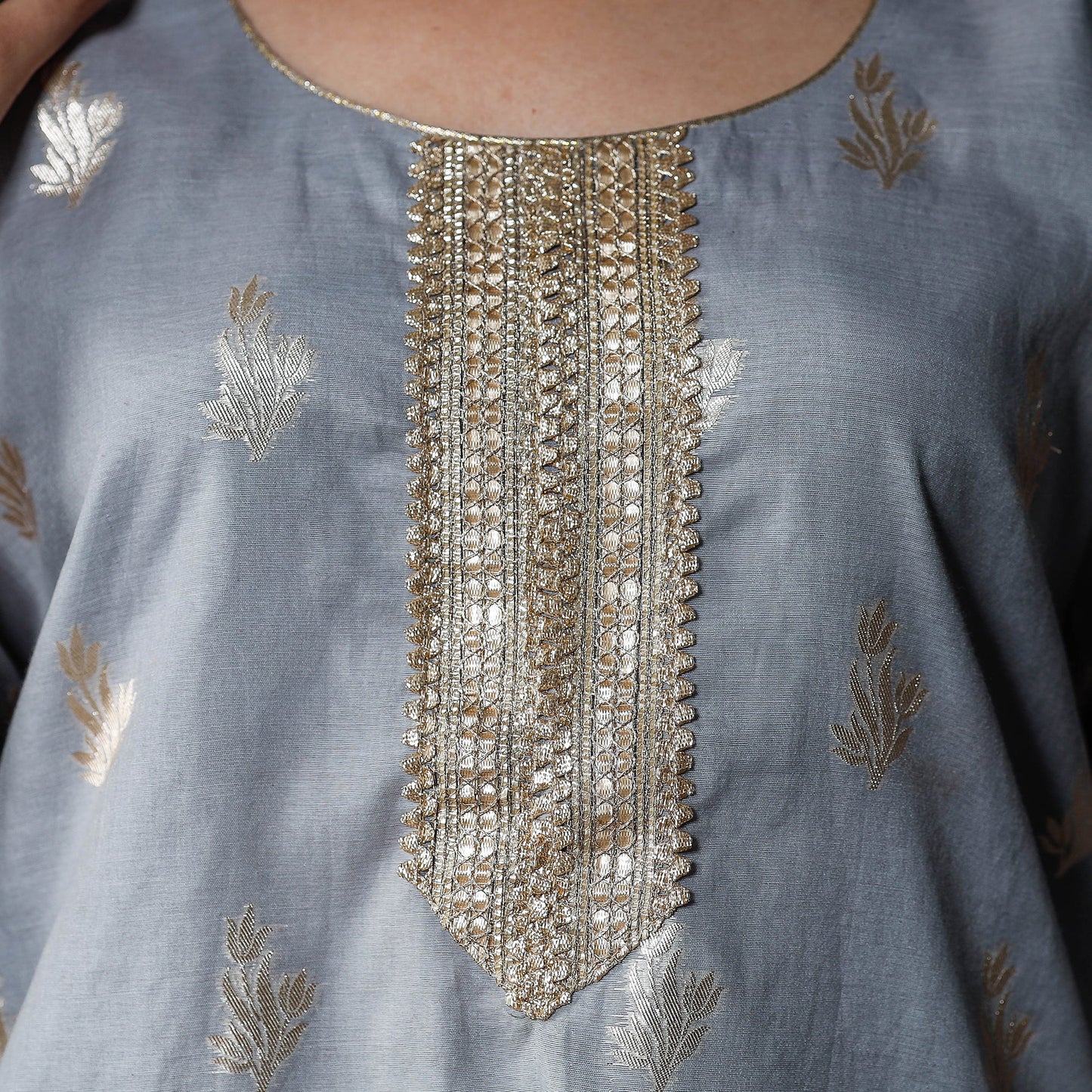 Light Grey Banarasi Silk Cotton Kurta with Palazzo & Dupatta Set