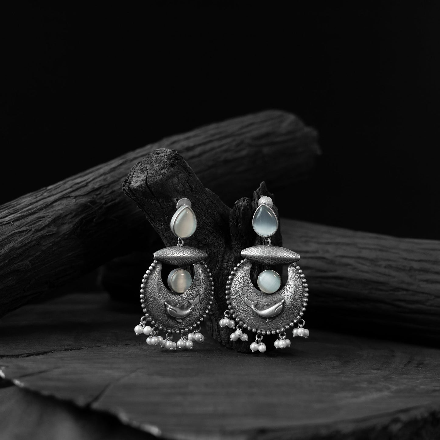 Light grey - saanjh bela chand-matsya oxidised earrings