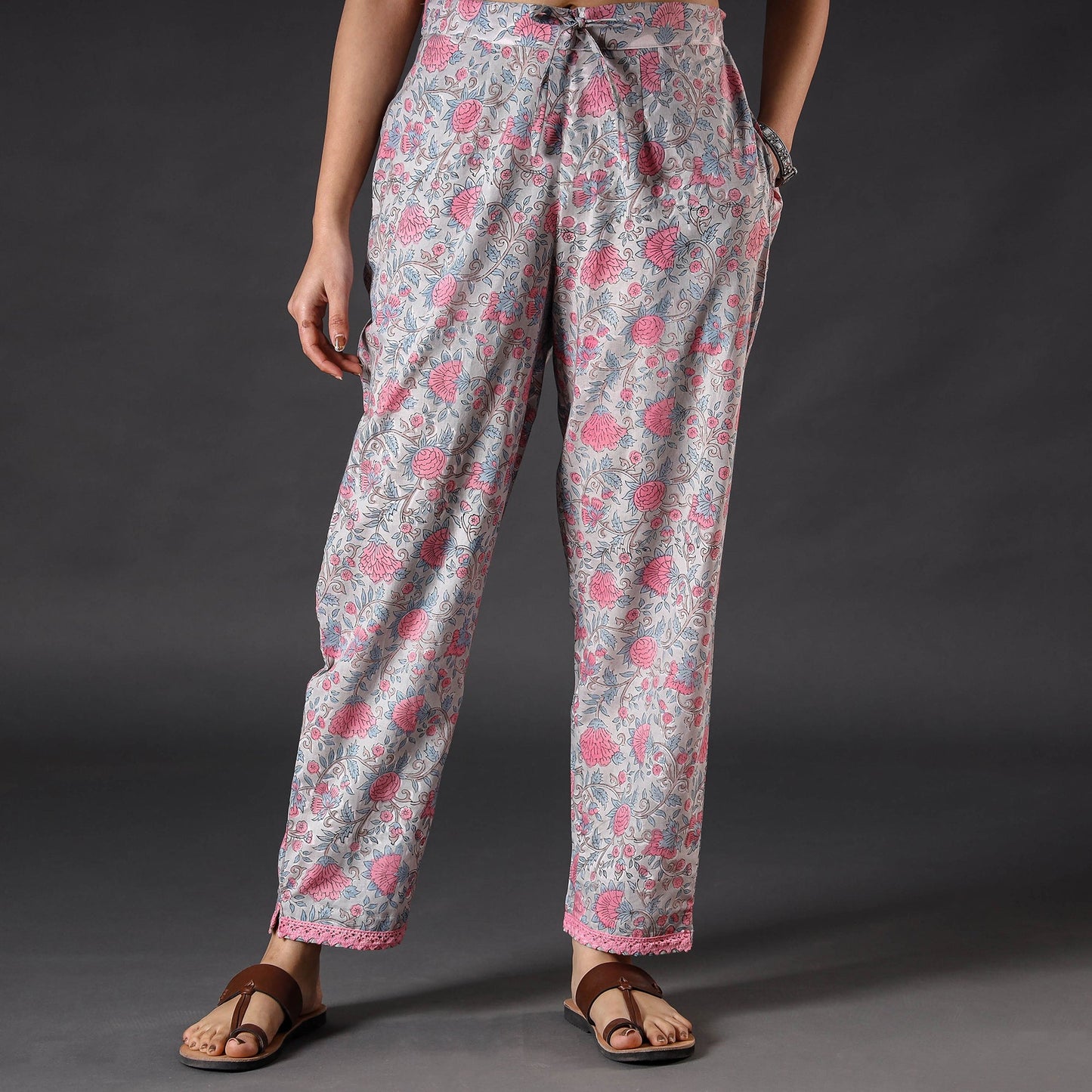 Light Grey Sanganeri Block Floral Printed Cotton Pant
