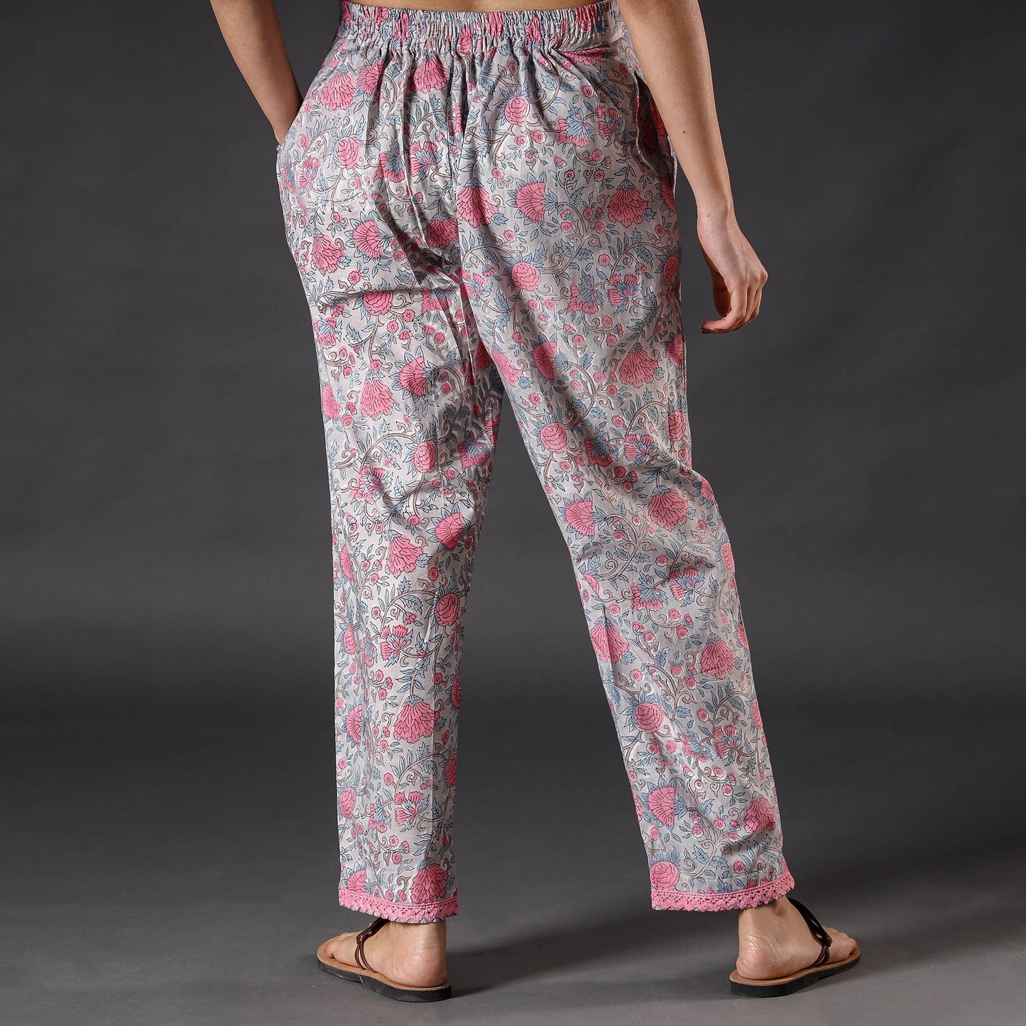 Light Grey Sanganeri Block Floral Printed Cotton Pant