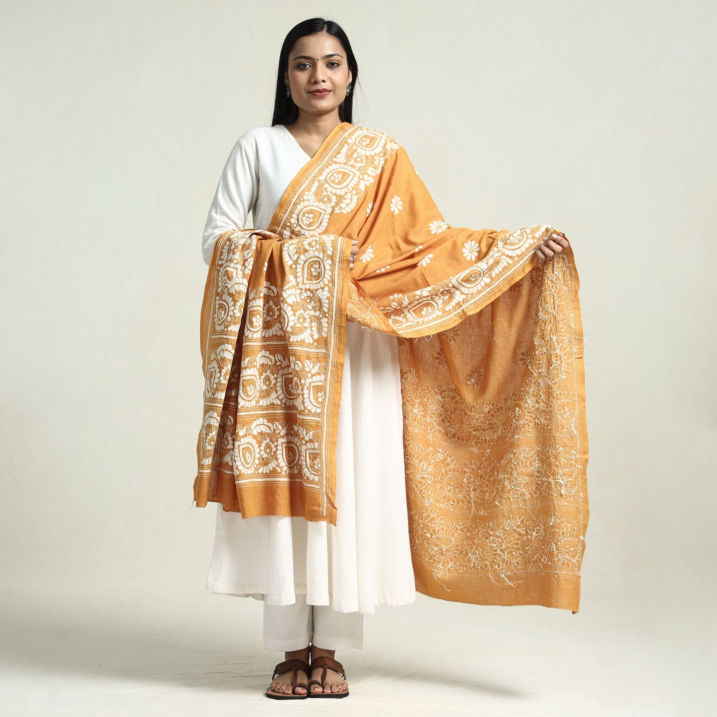 Light Orange Bolpur Kantha Embroidery Cotton Handloom Dupatta