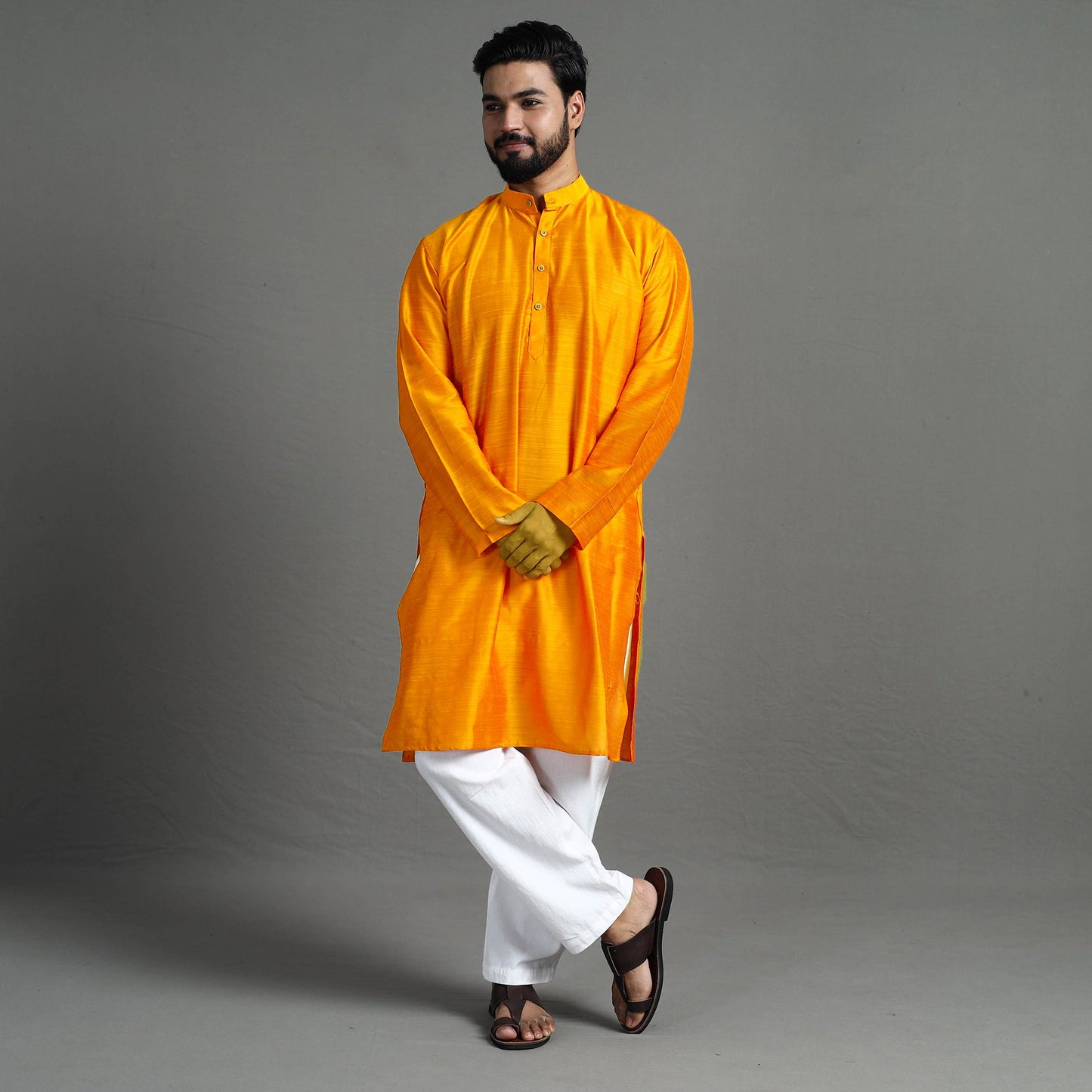 Plain Dyed Slub Silk Men Long Kurta