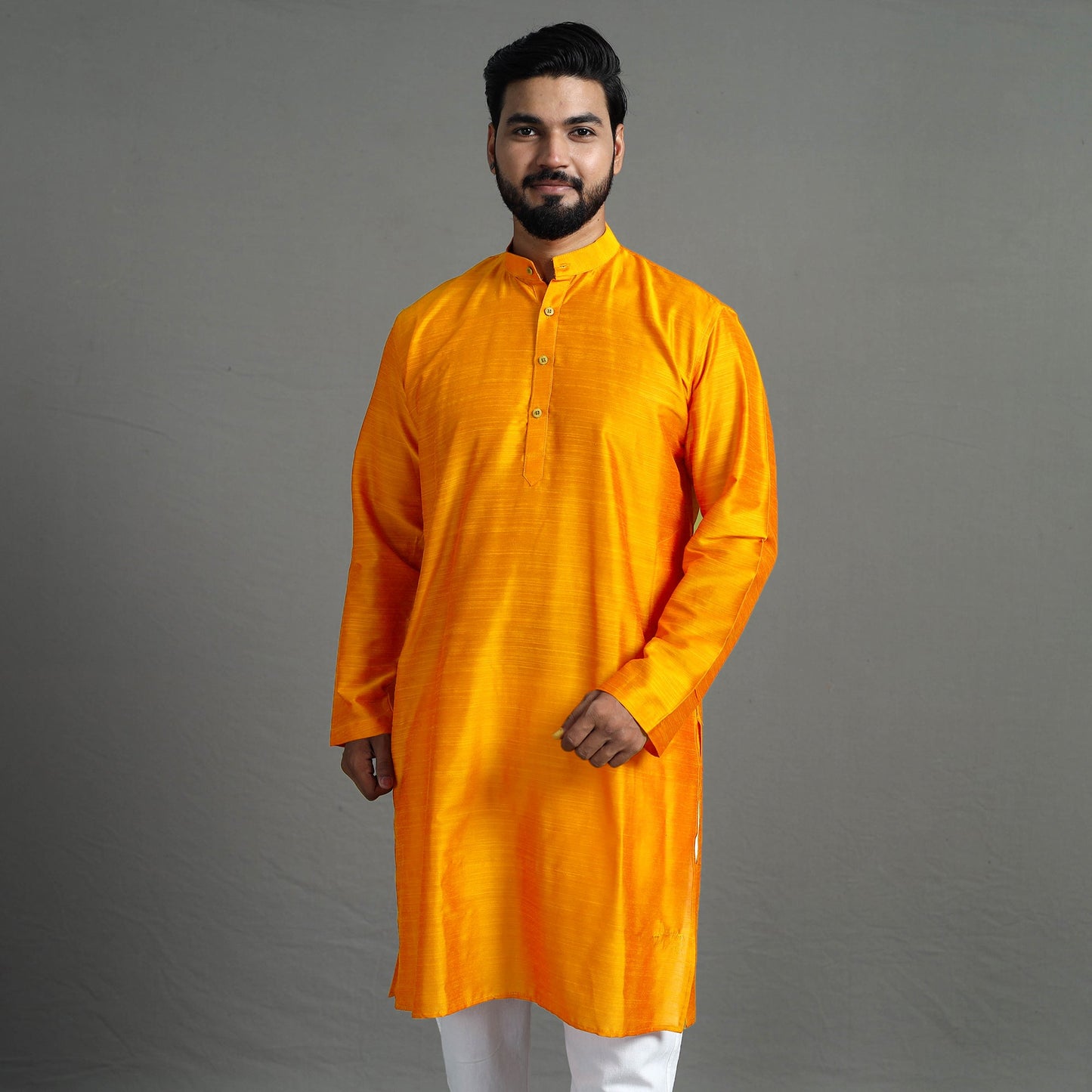 Plain Dyed Slub Silk Men Long Kurta
