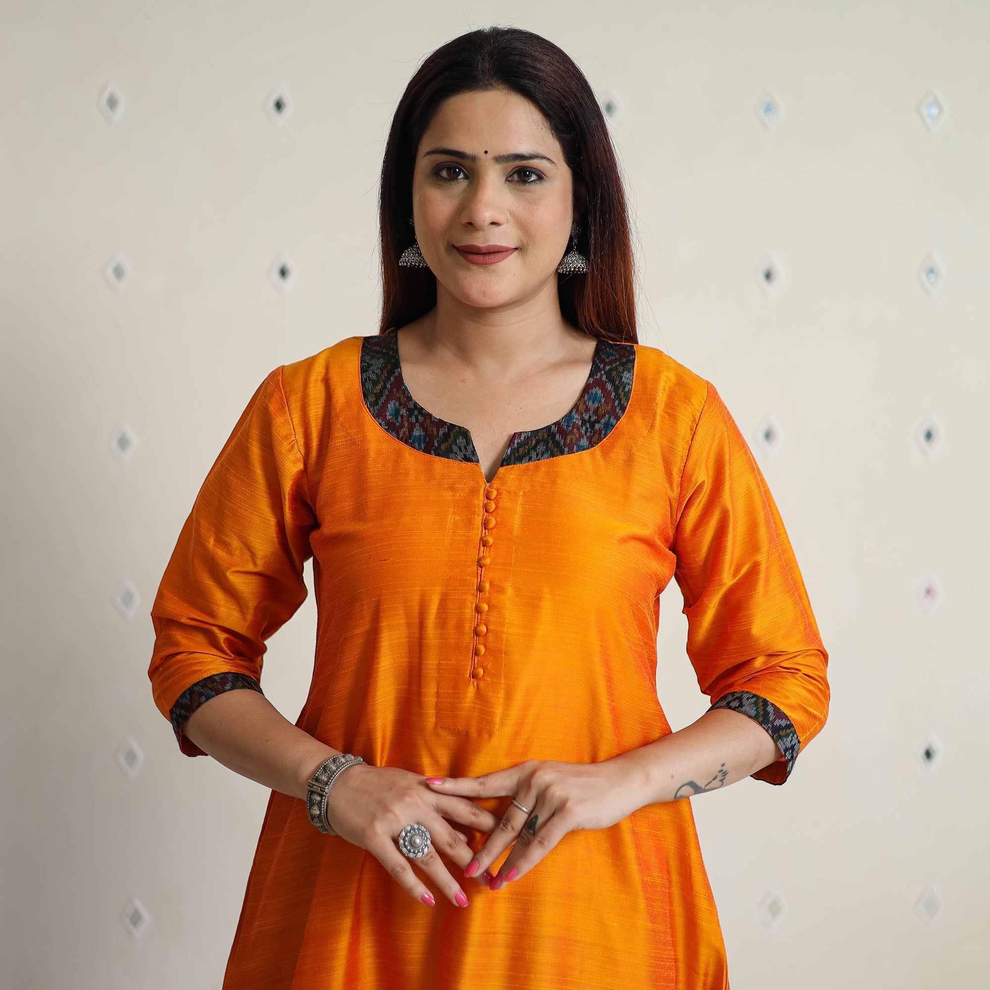 Light Orange - Plain Solid Slub Silk A-Line Long Kurta 25