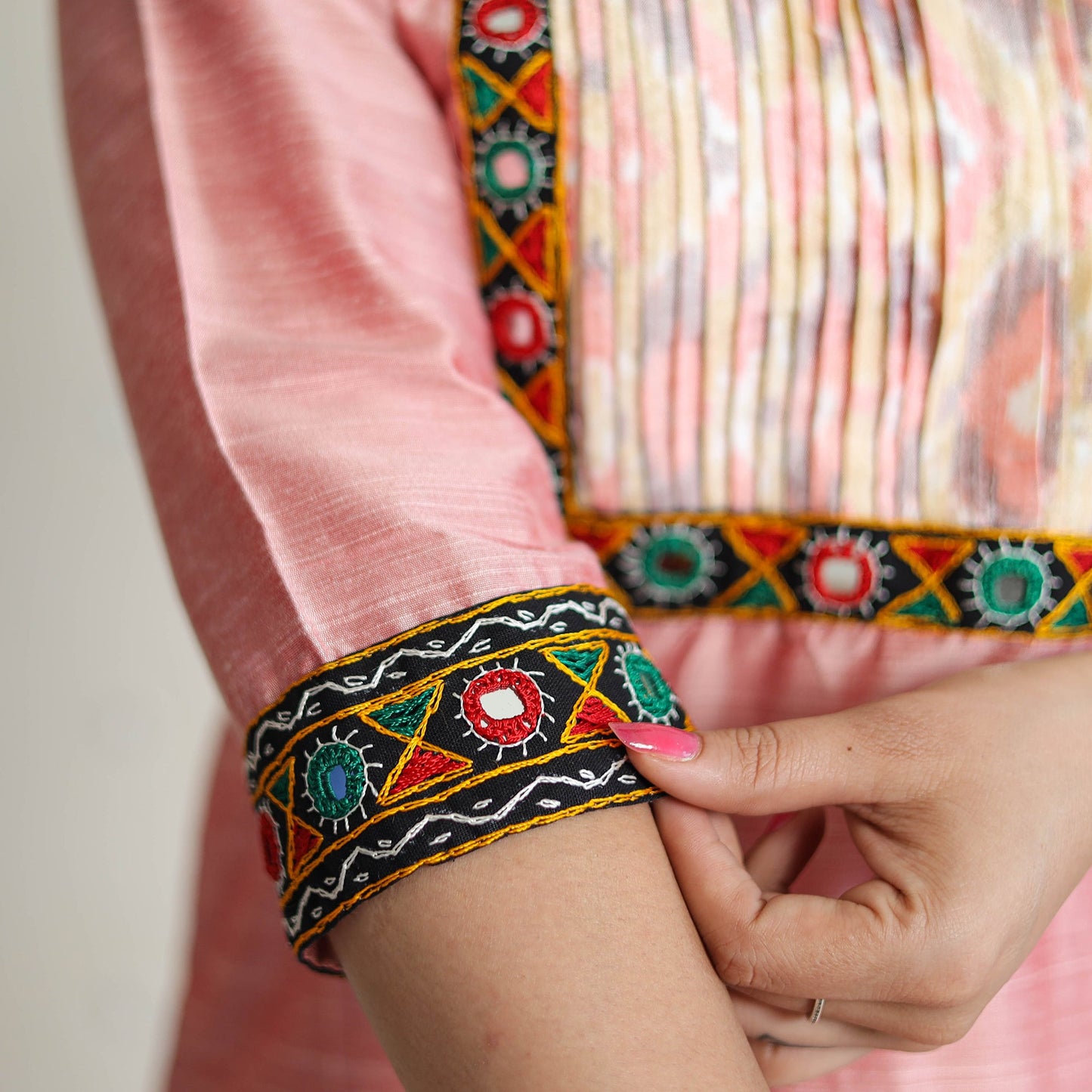 Plain Slub Silk Pintuck Long Straight Kurta with Ikat Patchwork 19