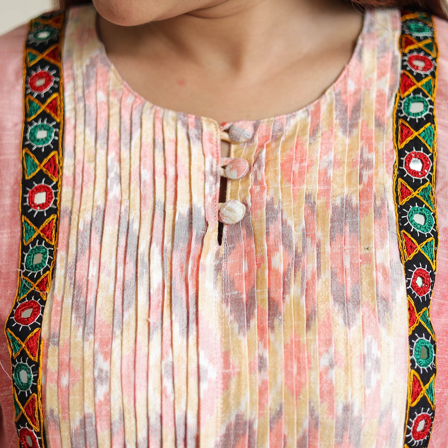 Plain Slub Silk Pintuck Long Straight Kurta with Ikat Patchwork 19